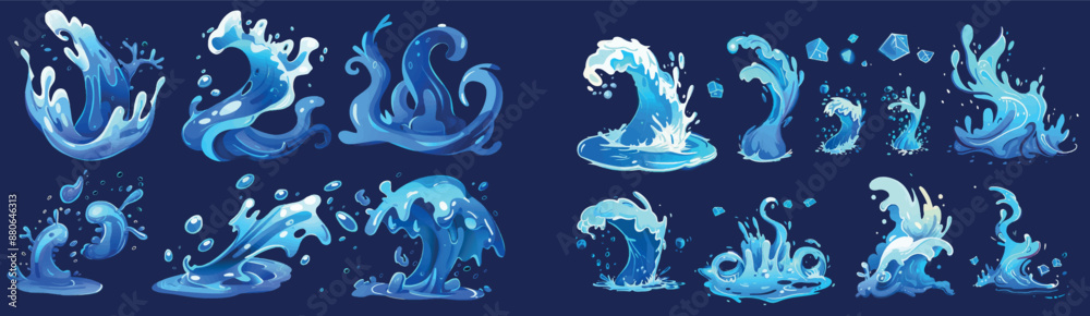 The cartoon water tear icon set modern is comprised of liquid drop graphics with splashes, puddles, falling waterfalls, and teardrop symbols. The cartoon water tear icon set modern is comprised of liquid drop graphics with splashes, puddles, falling waterfalls, and teardrop symbols.