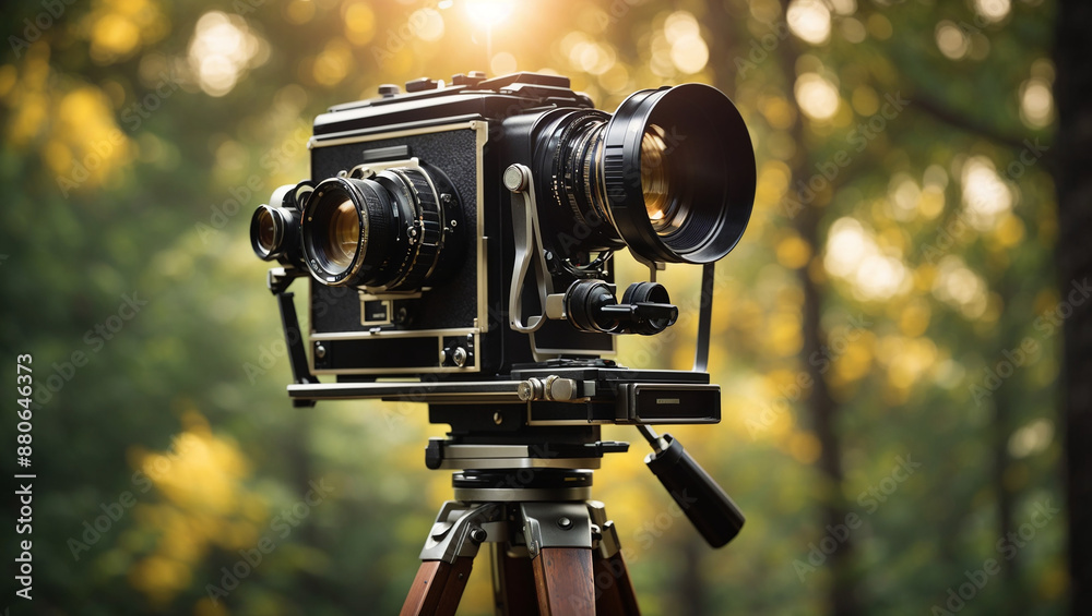 The image shows an old-fashioned film camera on a tripod, with a blurry green background of trees.
The image shows an old-fashioned film camera on a tripod, with a blurry green background of trees.