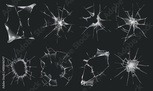Isolated realistic glass cracks on transparent background. Broken window, monitor display, gadget screen, car windshield, gunshot effect. Accident design elements.