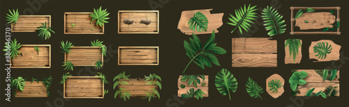 A realistic set of bamboo wood and paper signboards with tropical green leaves isolated on a black background. An announcement, menu, map, and information board template for a game user interface.