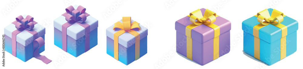 A cool blue closed gift box is decorated with a purple ribbon and yellow bow. A realistic 3D render cartoon modern present package is depicted for a birthday or Christmas celebration. A surprise A cool blue closed gift box is decorated with a purple ribbon and yellow bow. A realistic 3D render cartoon modern present package is depicted for a birthday or Christmas celebration. A surprise