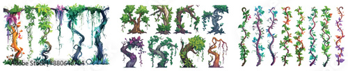 The long liana vine and the rectangular frame with green leaves and flowers are part of the jungle plant branches for game UI design. The set includes ivy creeper branches, foliage, and twigs..