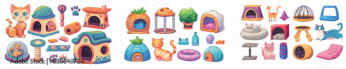 In the background is a cartoon icon of a cat and dog dog home supplies cartoon icon. The icon represents an animal bed and vet equipment for a store interior on a white background. The icon