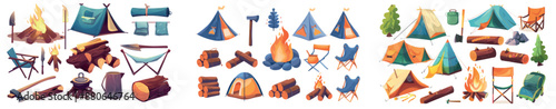 Modern cartoon illustration of tents, bonfire with pot boiling on flame, firewood stack, armchair, axe, vacation travel object set isolated on white background..