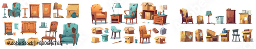 Furniture and equipment of a messy old living room interior. Cartoon illustration sets of old armchairs, lamps, wooden cupboards, boxes with stuff, garbage paper cups, and wooden cabinets.