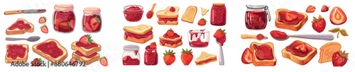 Sandwich with homemade jelly preserve on bread toast, knife and spoon, marmalade in glass jar, and whole strawberry. Cartoon breakfast snack with strawberries and strawberry jam.