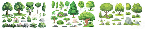Nature design elements for summer or spring landscaping. Cartoon set of green trees and bushes, grass and flowers, stones for garden and park. Forest and yard ornaments.