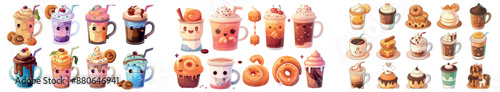 Typical cafe menu for breakfast with a latte coffee and chocolate drink illustration. Sweet cinnamon roll bun with a cream frappe beverage with marshmallow.