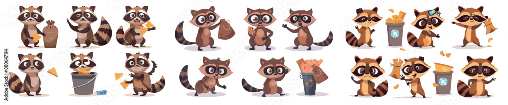 An adorable brown racoon character poses in a variety of poses. Cartoon funny wild animal in a black face mask steals a bag and sneaks, sits in a trash can waving a hand, hugs a bag of chips, and