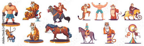 The circus strongman and trained animal set isolated on a white background. Modern cartoon illustration of an athlete showing muscles, a tiger on a podium, a monkey astride a monocycle, and a horse