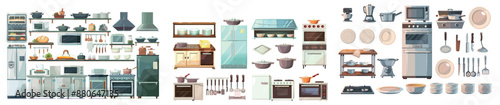 Kitchen furniture set isolated on white background: metal refrigerator, oven, cooker, plate and bowl set, catering design, clean frying pans, dishes.