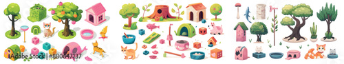 Modern cartoon icon of a dog and cat pet shop. Kitchen accessories, mouse toy and bone icon for a canine store interior. Medication, accessories, mouse toy and bone for a pet store interior.