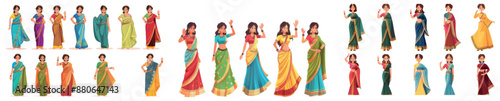 Stylish young woman wearing traditional Indian saree standing and waving. Cartoon set of a smiling female character wearing red, blue, green and yellow ethnic Asian clothing and accessories.