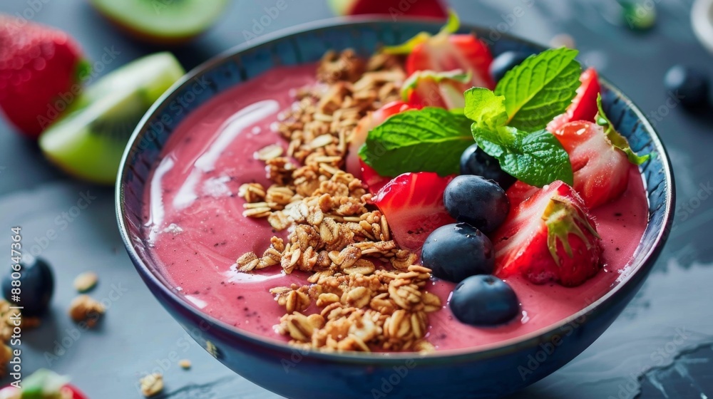 Guava smoothie bowl topped with granola and fresh fruit, vibrant and healthy, Guava smoothie bowl topped with granola and fresh fruit, vibrant and healthy,
