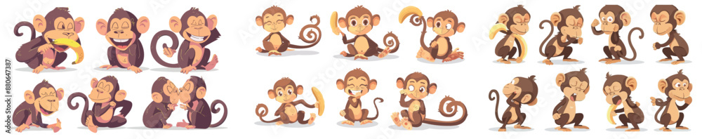 The cute monkey character is shown in different poses. A modern set of cartoon chat bots, a cute ape holding bananas, sleeping, and being offended. The cute monkey character is shown in different poses. A modern set of cartoon chat bots, a cute ape holding bananas, sleeping, and being offended.