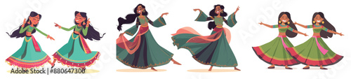Stylish young woman wearing traditional Indian saree, bracelets, and jewelry. Cartoon modern illustration of an Asian lady wearing ethnic costume.