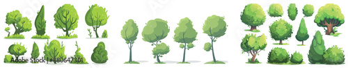 The vegetation set is isolated on a white background. Modern cartoon illustration of trees, shrubbery, grass for use in spring or summer parks, woods, forests or gardens. Foliage on branches, UI
