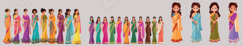 A beautiful young Indian woman wearing a saree isolated on a white background. Modern cartoon illustration of beautiful women wearing traditional ethnic clothing and characters from an Indian