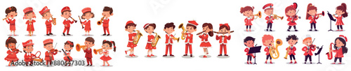 A cute kids in marching uniform playing musical instruments. A little boy and girl are playing the violin and saxophone in this cartoon of a music school orchestra band.