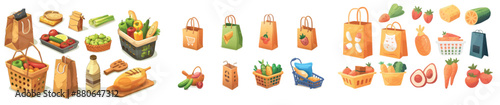 Cart with food cart cartoon. Market basket with fresh healthy ingredients for picnic. Shopping eco tote element with fresh healthy ingredients.