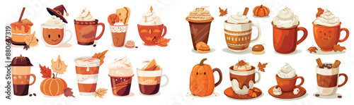 Halloween drink and dessert icon elements. Tasty bakery set with red mug isolated design. Cream cappuccino beverage for breakfast. Pumpkin spice latte.