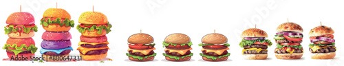 Various burgers isolated on white background. Fast food snack made of bun and beef, fresh vegetables, sesame, mayo, and cheese, restaurant menu design elements.