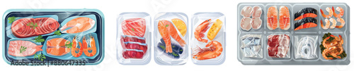 Cartoon modern whole fish, steak, fillet, shrimps in sealer clingfilm container. Polyethylene transparent wrap for frozen seafood container.