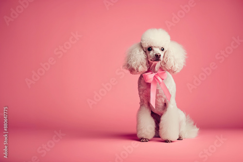 Studio shot of a white elegant poodle with a pink ribbon. Space for copy © AnaBeln