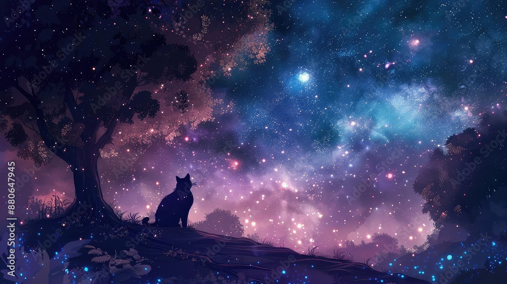 A mystical cat sits on a hill and gazes at the beautiful night sky, mesmerized by the stars. A mystical cat sits on a hill and gazes at the beautiful night sky, mesmerized by the stars.