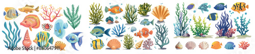 Isolated white background with exotic fish, green seaweed, shells, colorful corals. Illustration of sea underwater inhabitants and plants..