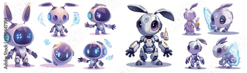A cartoon set of animal robot characters on a white background. Technological development, chatbot assistant, cute octopus, bee, rabbit, bear cyborgs.