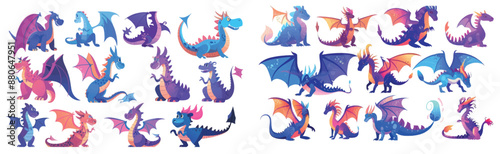 Isolated fly monster character clipart asset with wings in blue and purple. Ancient mythical dinosaur drawing collection set of magic fantasy dragons.