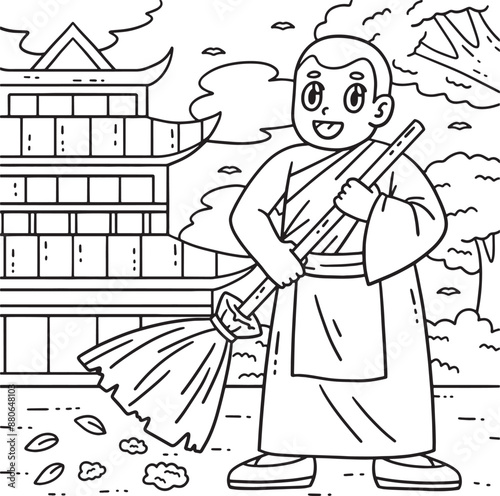 Buddhism Monk Cleaning Coloring Page for Kids