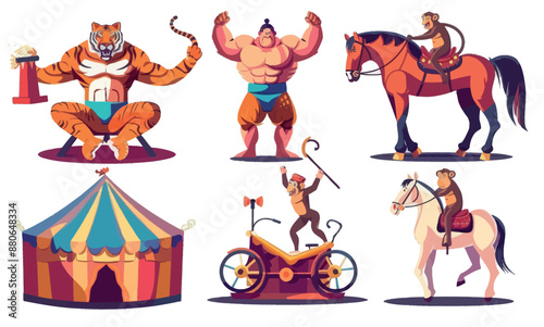 Set of circus performers and trained animals isolated on a white background. Contemporary cartoon illustration of athletes showing muscles, tigers sitting on podiums, monkeys riding monocycles, and.
