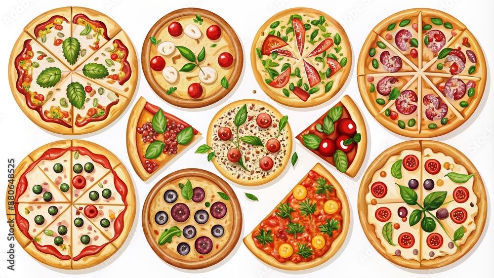 Variety of whole and sliced stylized pizza illustrations in different toppings and crust styles arranged on a clean white background for culinary designs.