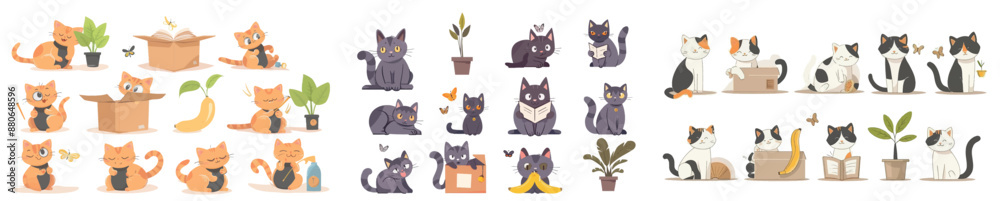 Pets, cats and kittens in different poses. Cartoon set of funny kitties reading, sitting in boxes, scared of bananas and sprays, hunting butterflies, and surrounded by plants.. Pets, cats and kittens in different poses. Cartoon set of funny kitties reading, sitting in boxes, scared of bananas and sprays, hunting butterflies, and surrounded by plants..