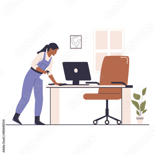 Professional cleaning service cleans the work space. Illustrations for websites, landing pages, mobile applications, posters and banners. Trendy flat vector illustration