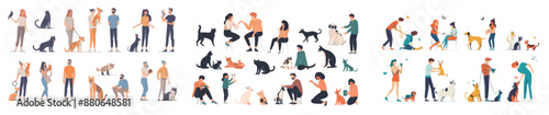 Pet owners play with their animals, male and female characters Isolated flat modern illustration of dogs, cats, snake, rabbit, and parrots.