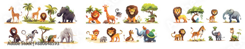 Animated cartoon tiger, monkey, zebra, lion and elephant in a zoo or safari park. Animals isolated on a modern background.