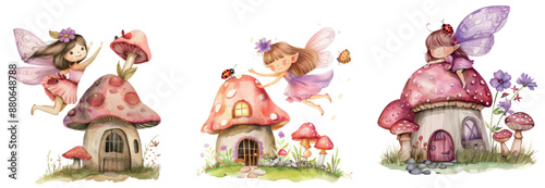 Detailed watercolor illustration of a fairyland and a mushroon house