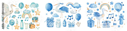 Stork and Baby Boy Clipart. Watercolor illustration. Perfect for greetings and cards.