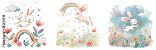 An illustration of cute rabbits and spring flowers in watercolor