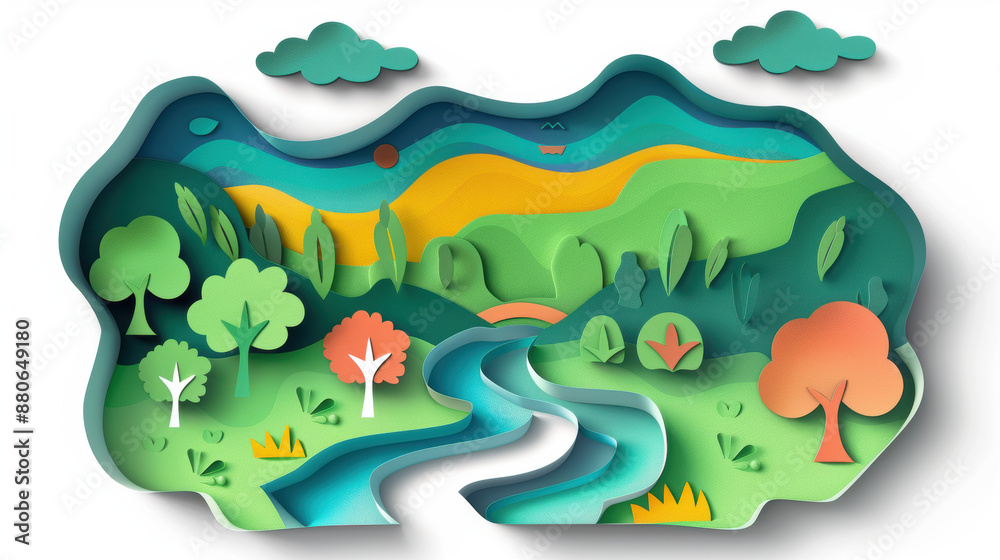 Naklejka premium A paper cutout of a forest with a river running through it