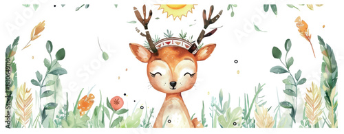 Tribal Woodland Animal Watercolor Illustration Banner Background.