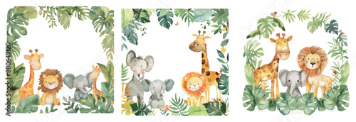 Safari Animal Frame Template with Watercolor Illustration