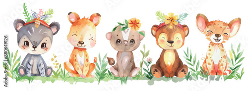 A watercolor illustration of a tribal safari animal on a banner