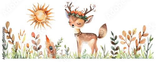 The background of a banner with tribal woodland animals in watercolor illustration.