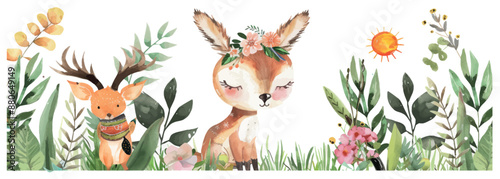 An illustration of a tribal woodland animal on a background of watercolor