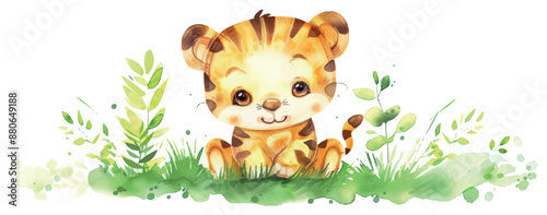 Animal banner background illustrated in watercolors of a baby safari animal.