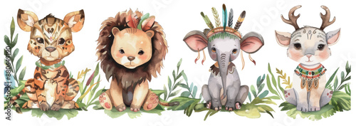 An illustration of a safari animal banner based on a watercolor illustration